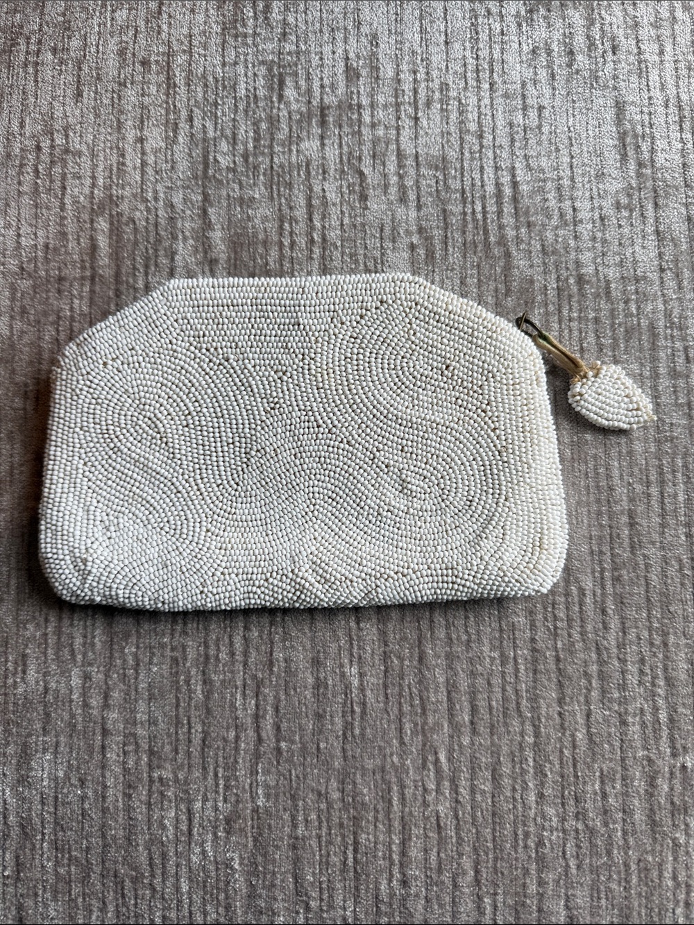 K&G Charlet White Seed Bead Clutch Purse Hand Beaded Evening Bag 1950’s